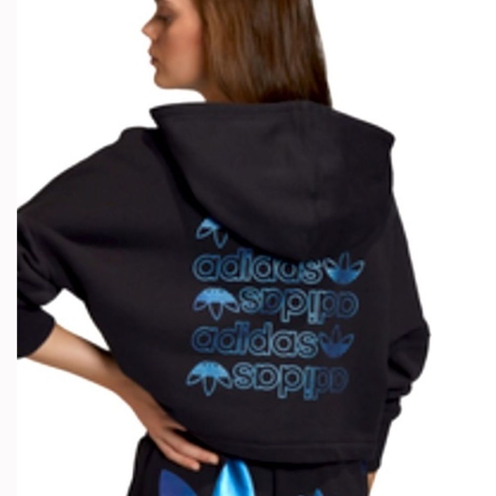 Adidas Originals Trefoil Logo Cropped Hoodie Metallic Blue Black